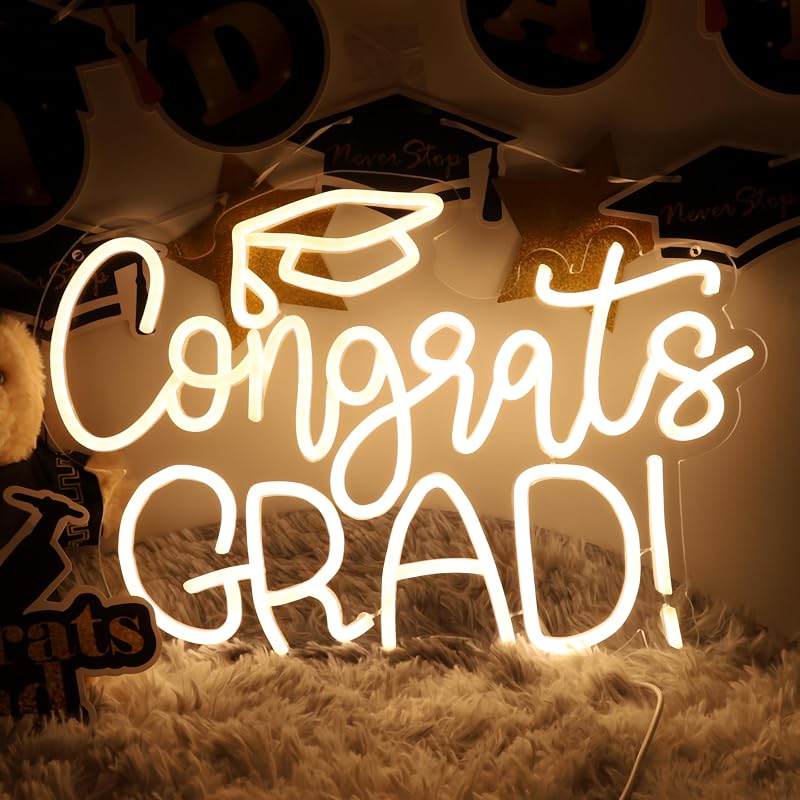 Letrero neón USB Congrats Grad luz LED blanca cálida ajustable