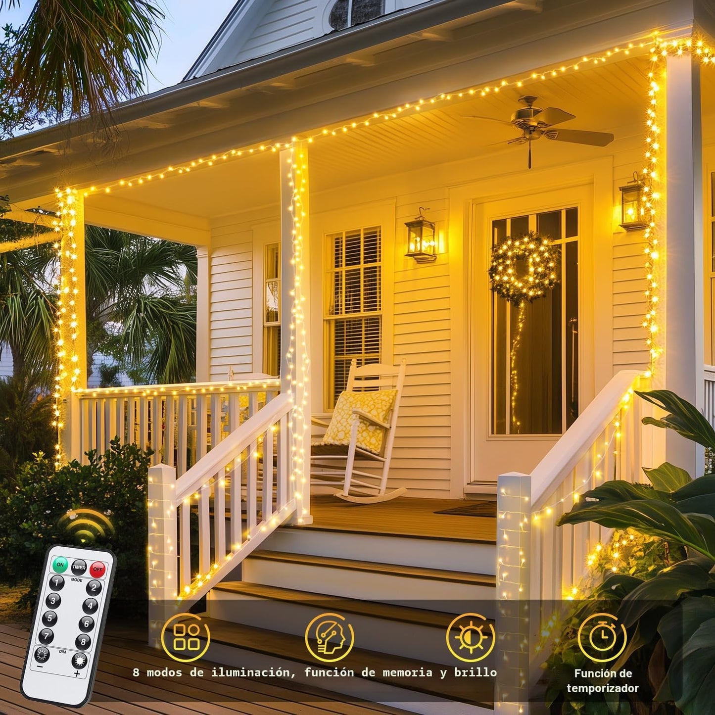 2 Luces Navidad a Batería Control Remoto 66ft Led Blanca Cálida