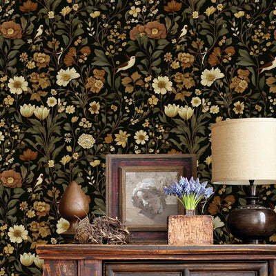 Papel tapiz floral oscuro 16.9x118.1pulg despegar y pegar