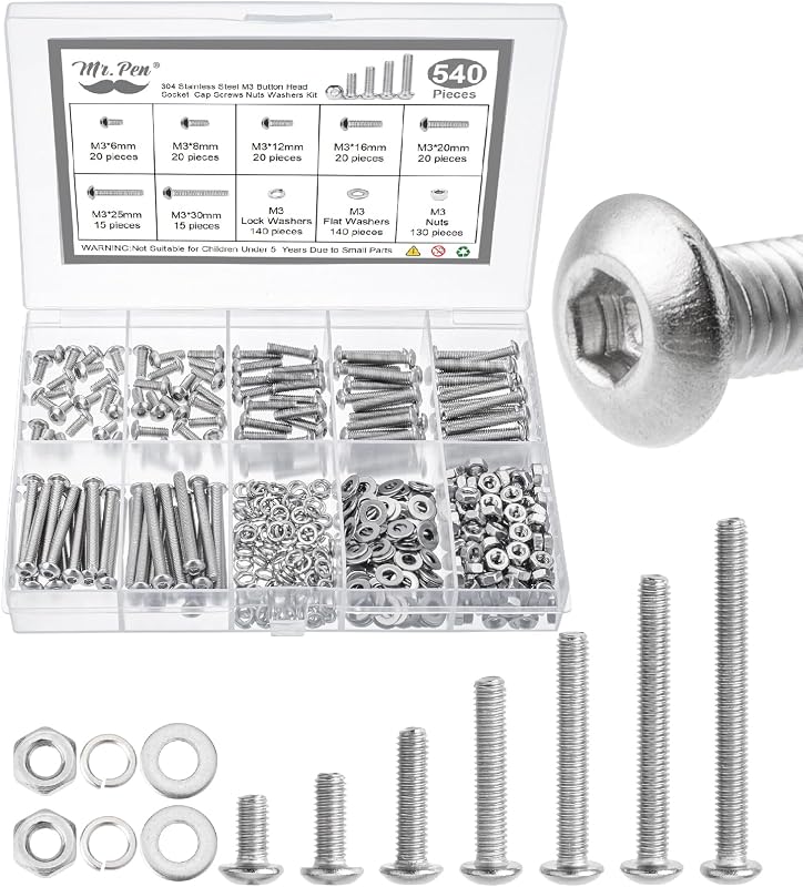 Kit 540 Pzas Tuercas y Pernos Acero Inox M3 6-30mm