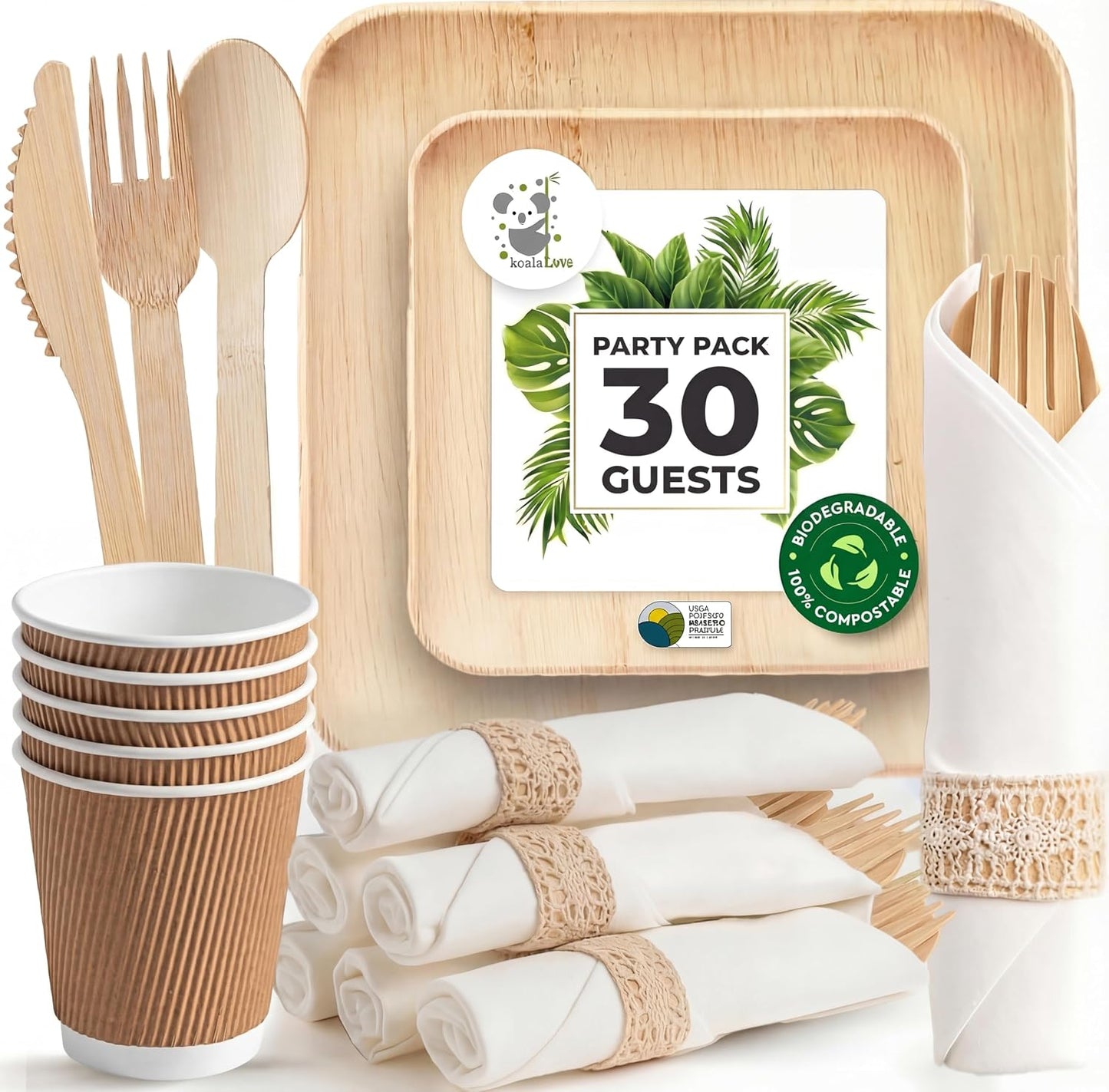 Set fiesta platos hoja palma cubiertos bambú 10x7pulg