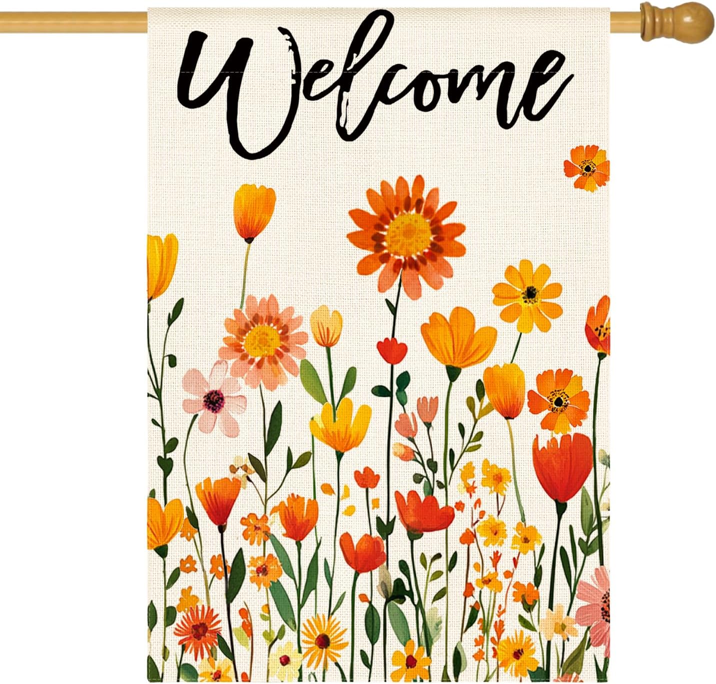 Bandera bienvenida flores otoño 28x40" doble cara exterior