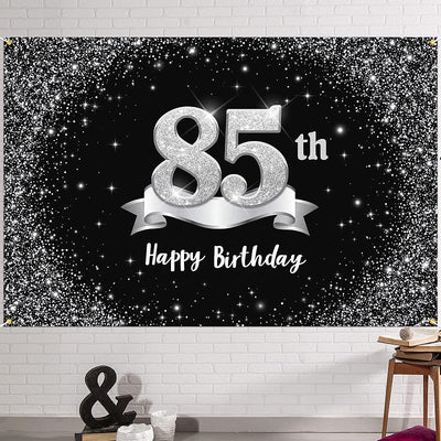 Fondo pancarta feliz cumpleaños 85 6x4ft negro plateado