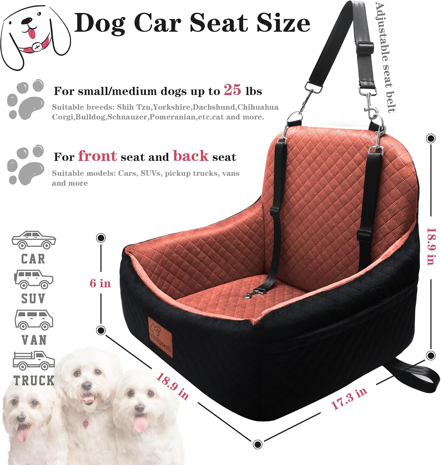 Asiento coche perro elevado 25lb tela suave con cinturones