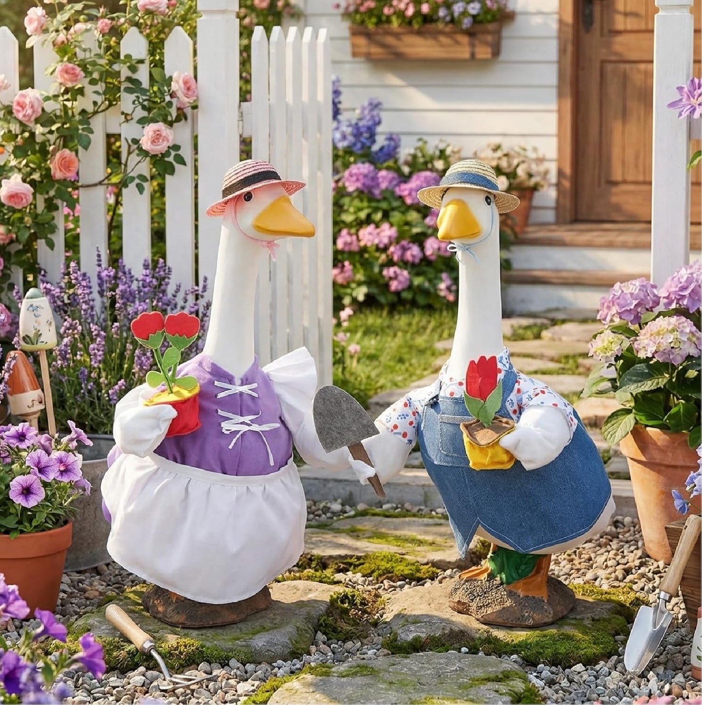 2 Set Ropa Ganso Jardín con Sombrero Paja para Exterior