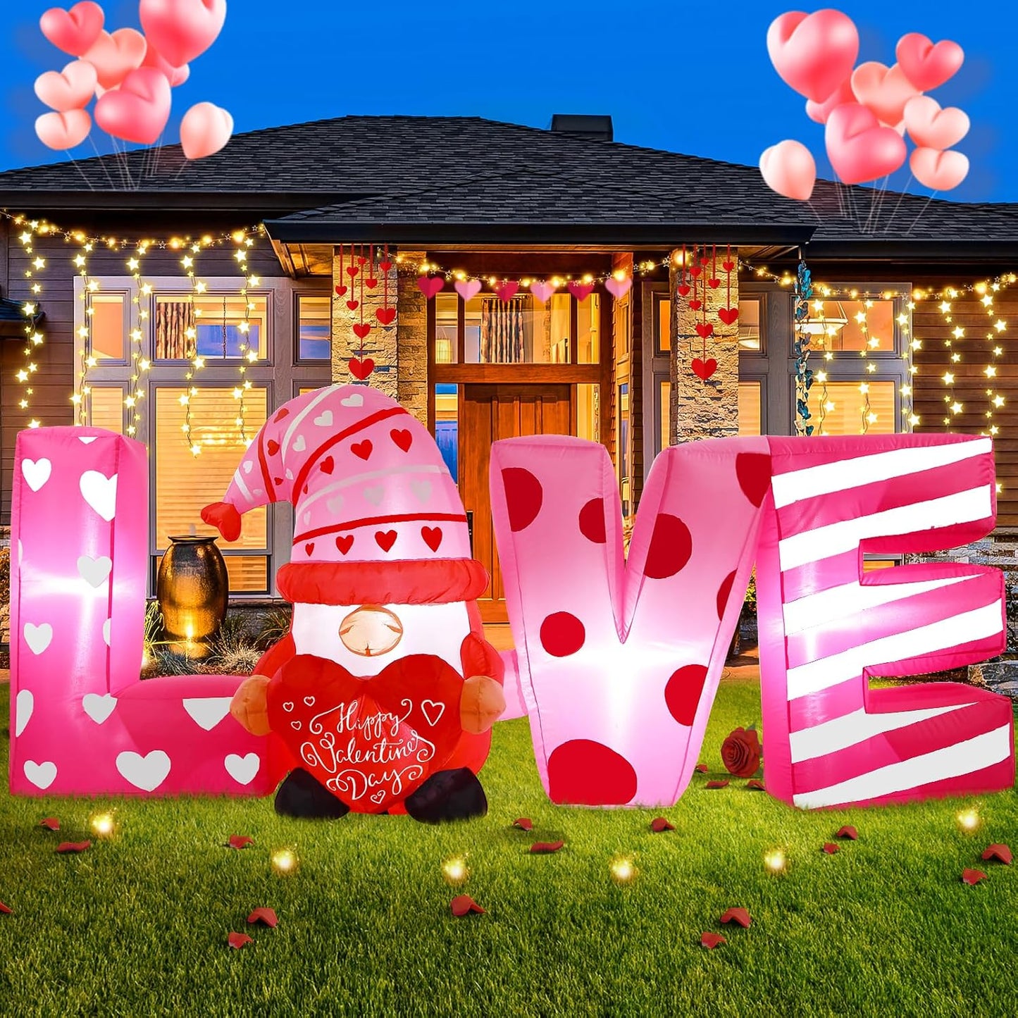 Inflables San Valentín decoración patio corazón gnomo