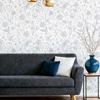 Papel tapiz floral gris claro autoadhesivo para baño y dormitorio