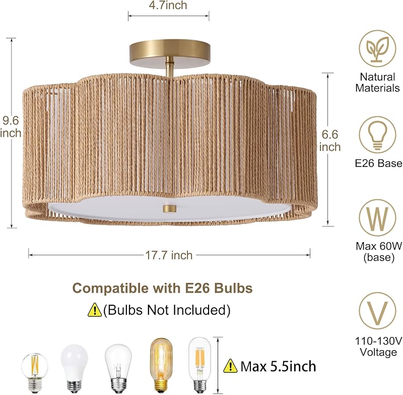 Lámpara techo ratán 3 luces estilo boho dormitorio