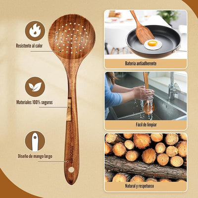 Set 10 Pzas Utensilios Cocina Madera Teca Agarre Cómodo