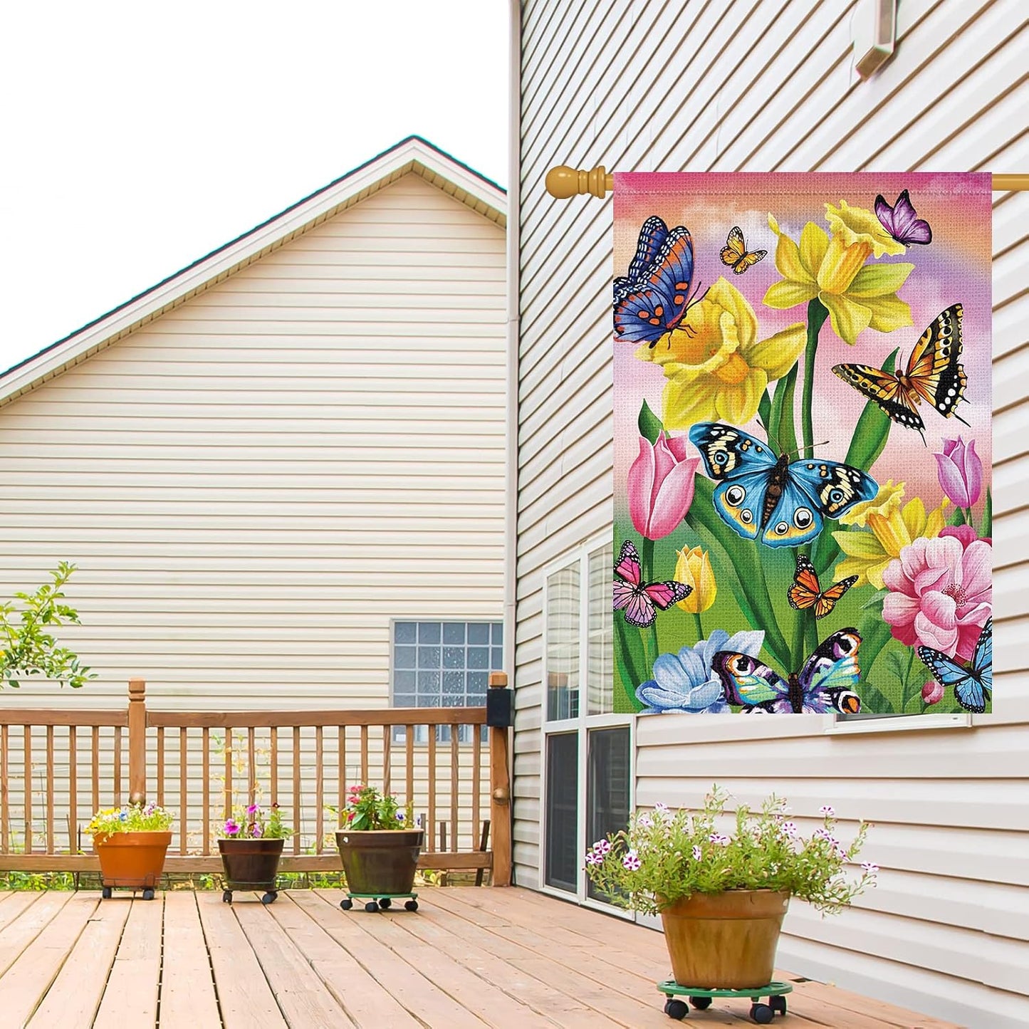 Bandera jardín 28x40pulg doble cara arpillera flores