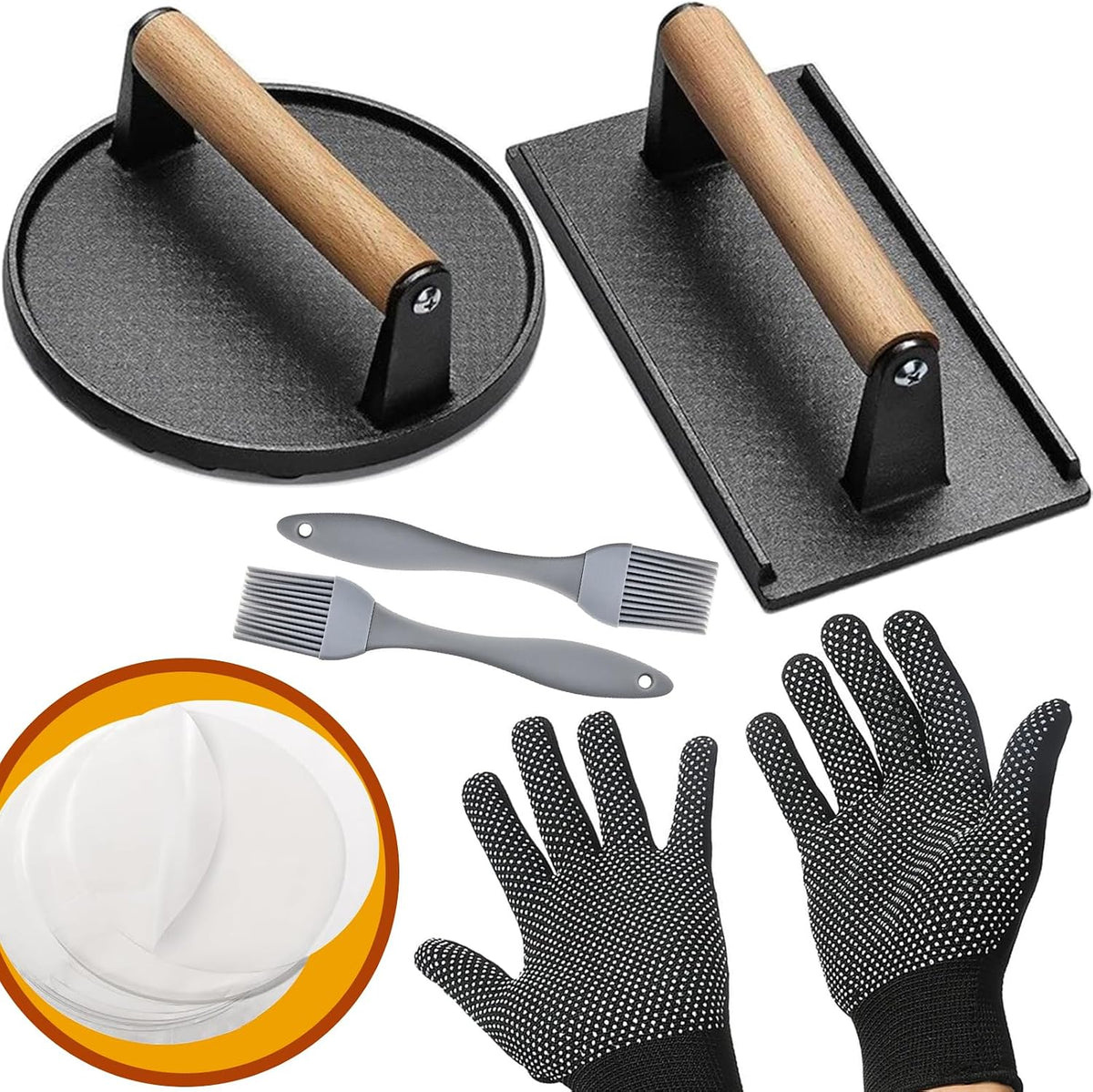 Kit prensa hamburguesas 56 pzas hierro fundido 7.9pulg mango madera