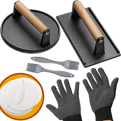 Kit prensa hamburguesas 56 pzas hierro fundido 7.9pulg mango madera