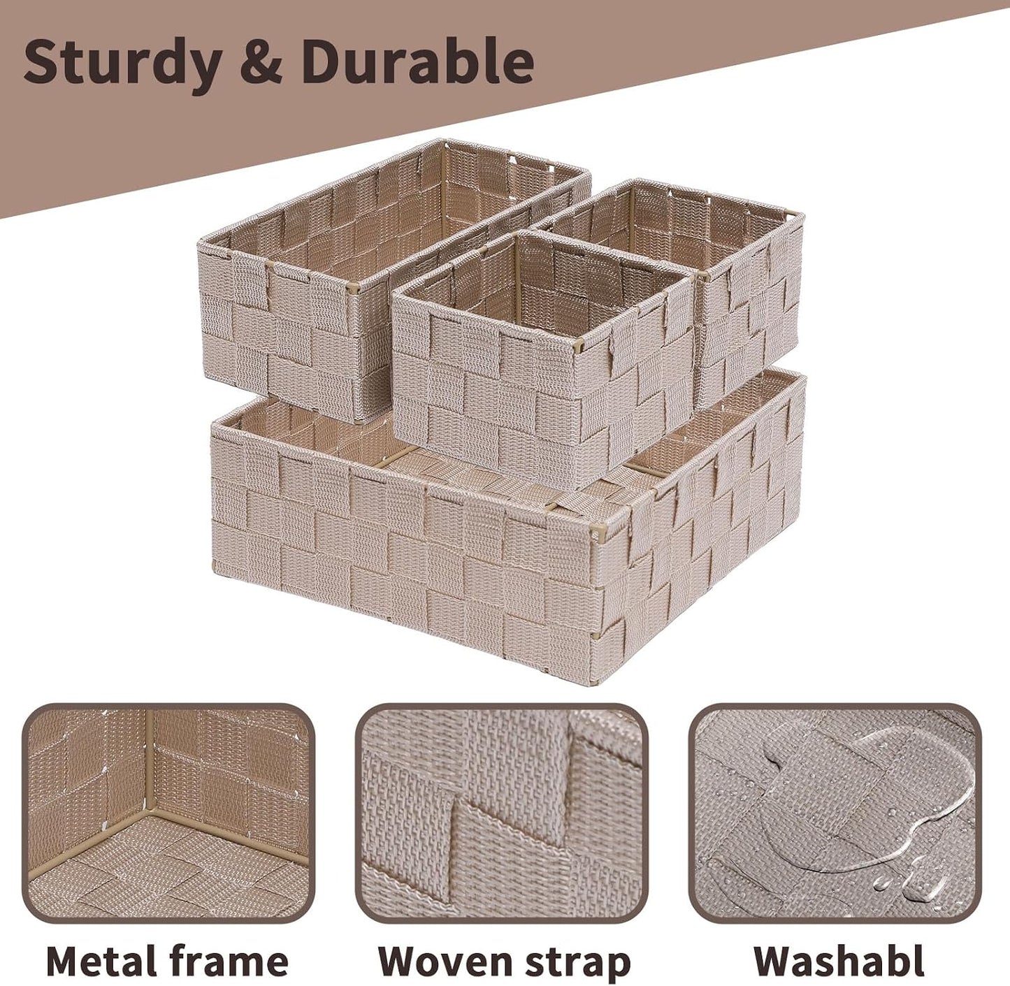 Cestas apilables tejidas con marco metal set 4 beige