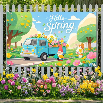 Telón fondo azul primavera con flores gnomos 71x43pulg