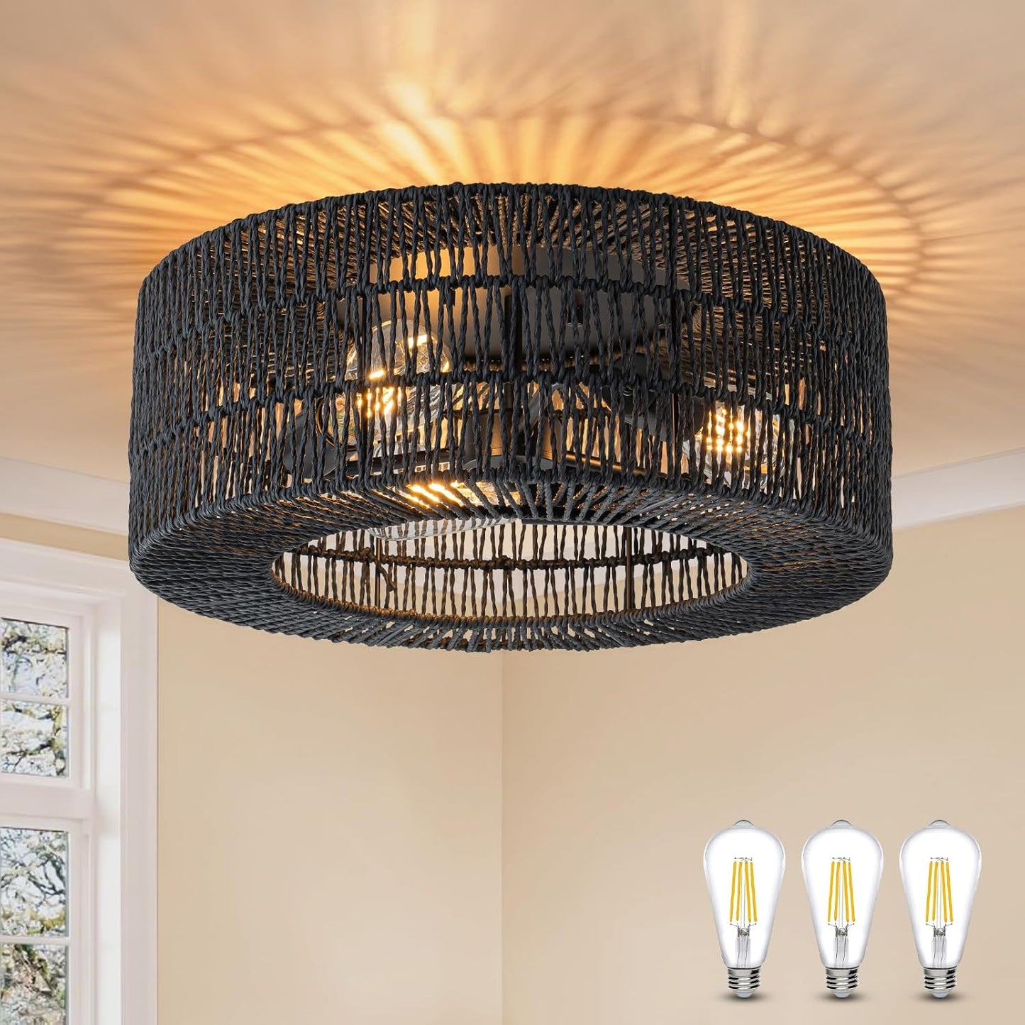 Lámpara techo ratán boho estilo granja con LED
