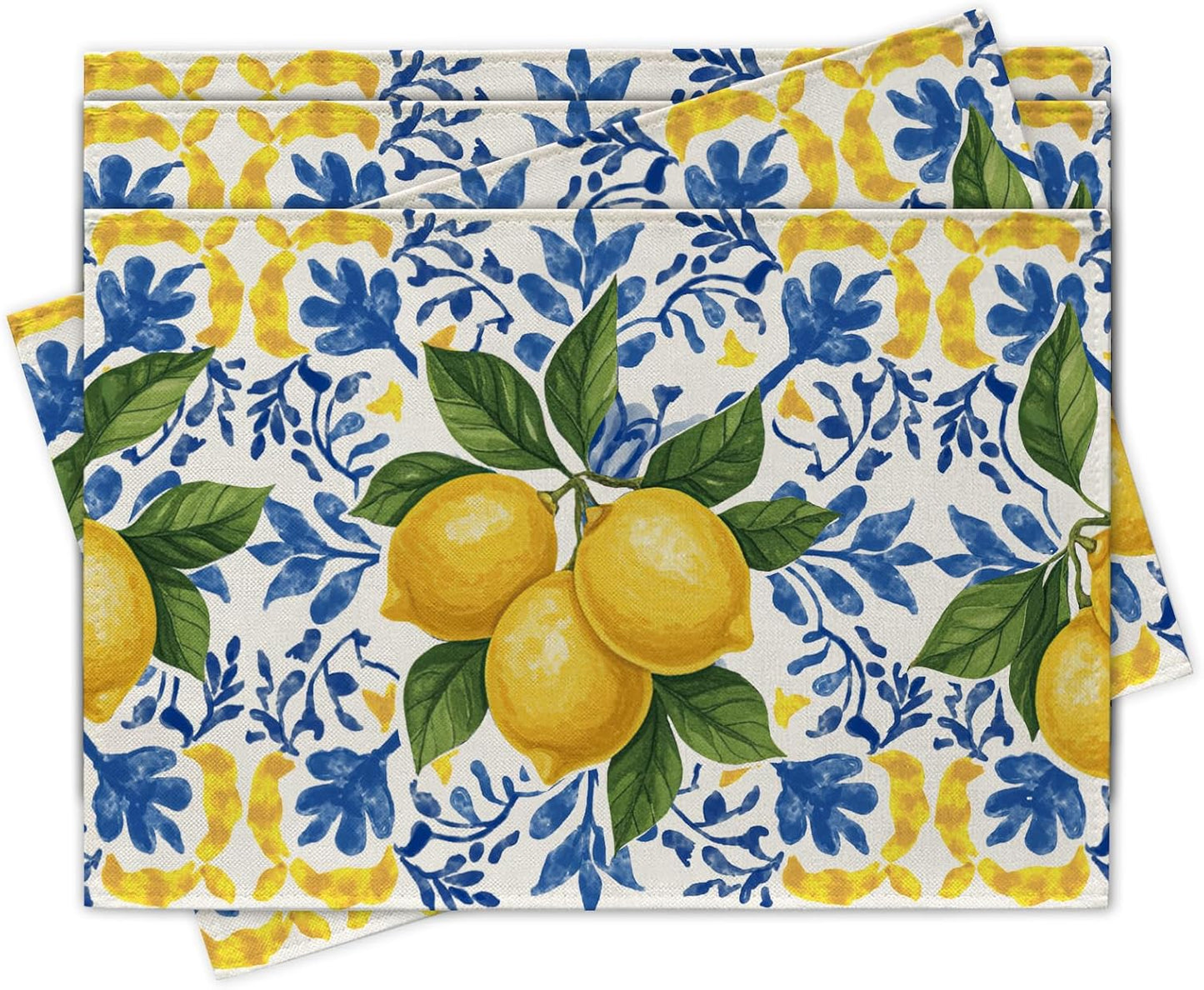 Set 4 manteles Capri azul limón patrón azulejos Amalfi