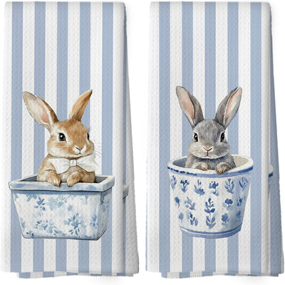 Toalla cocina conejo Pascua rayas azul y blanco 16x24