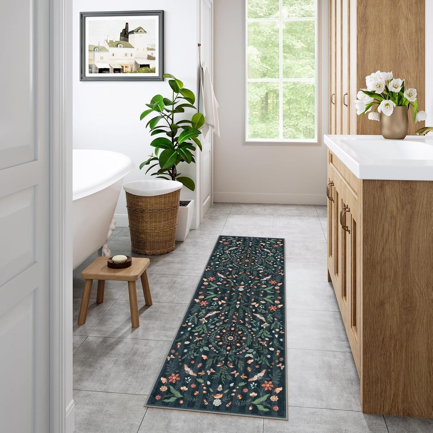 Alfombra lavable diseño botánico insectos 2x6ft negro