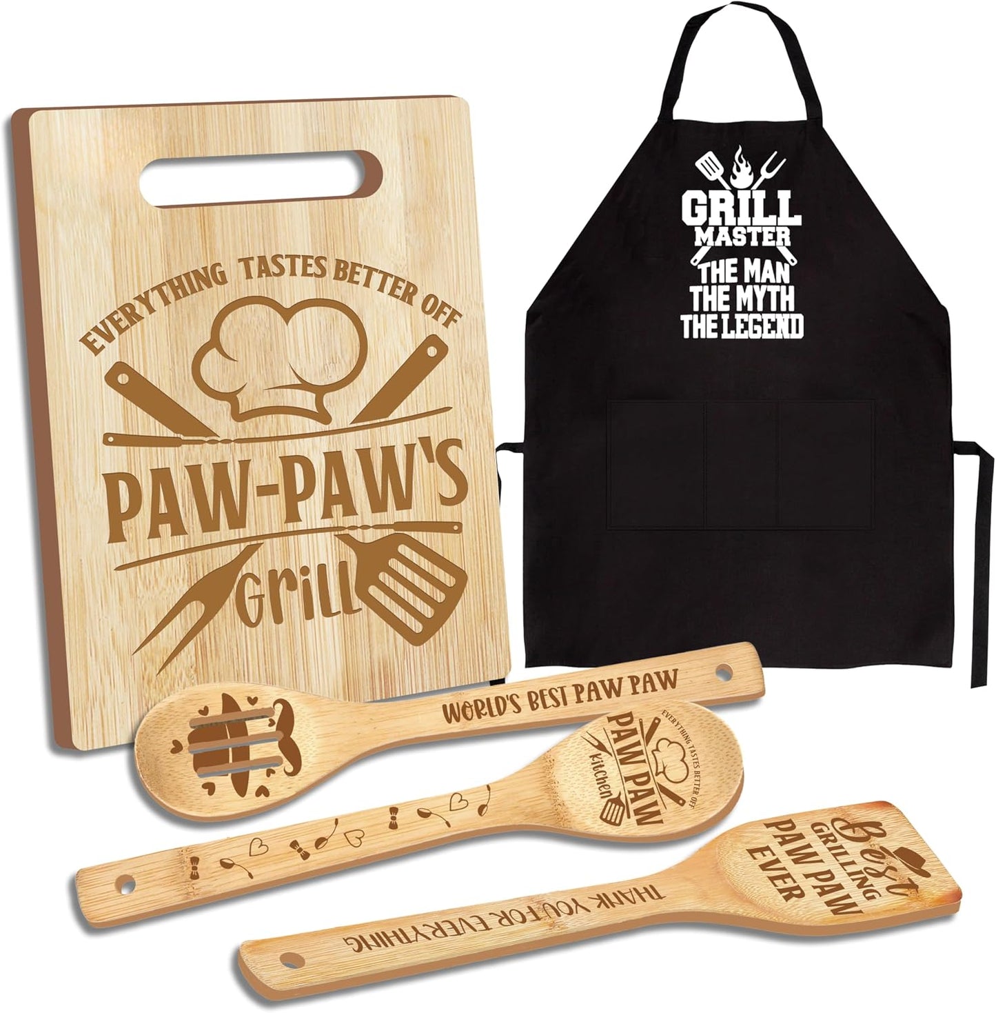 Tabla corte madera con delantal y utensilios cocina