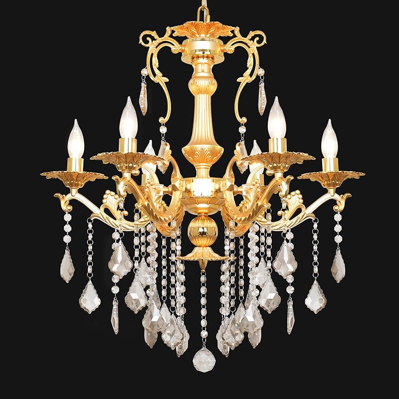 Candelabro cristal dorado 24pulg con 6 luces brazos curvos
