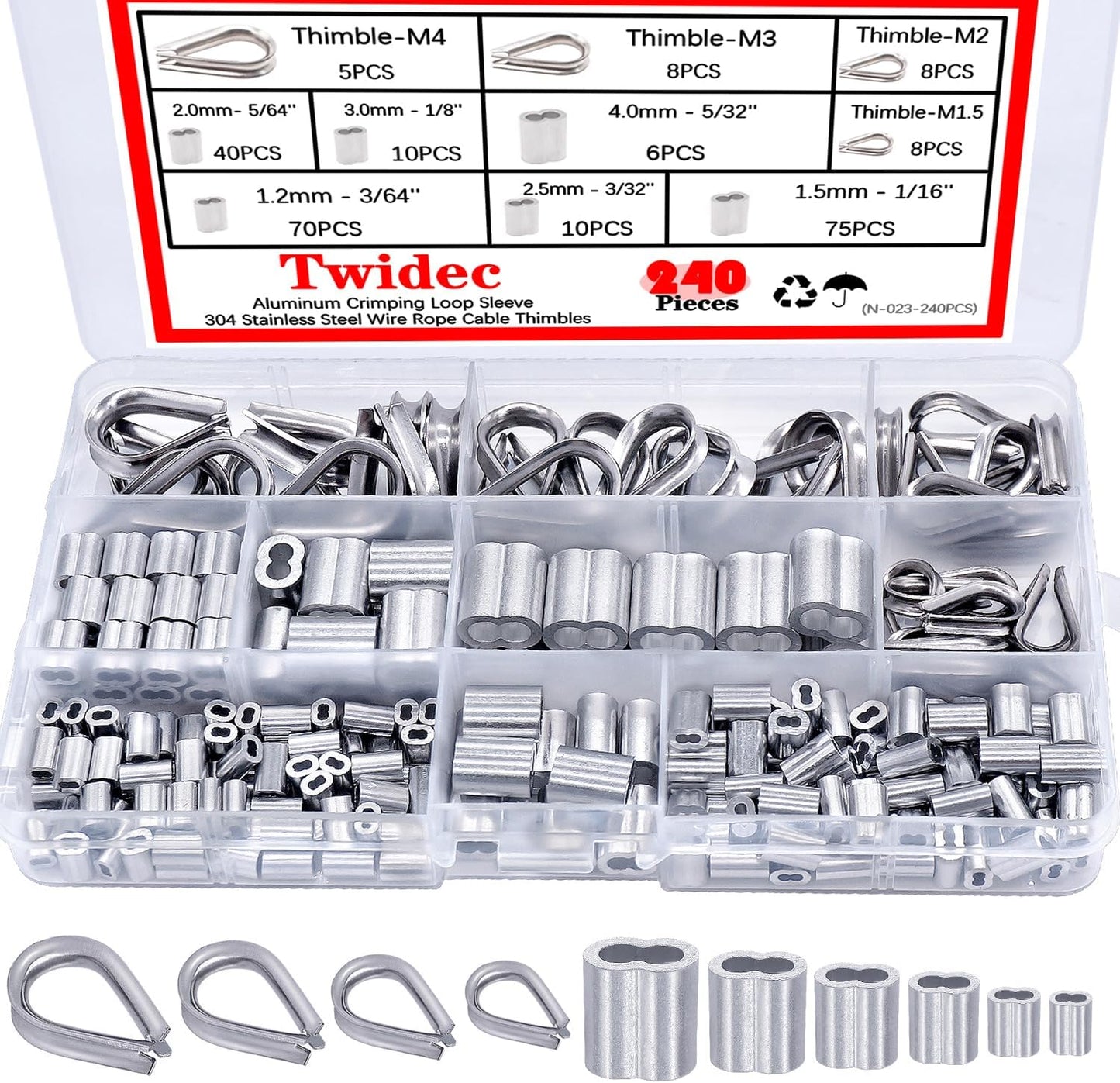 240 Pzas Dedales Cuerda Acero Inox 304 y Mangas Aluminio