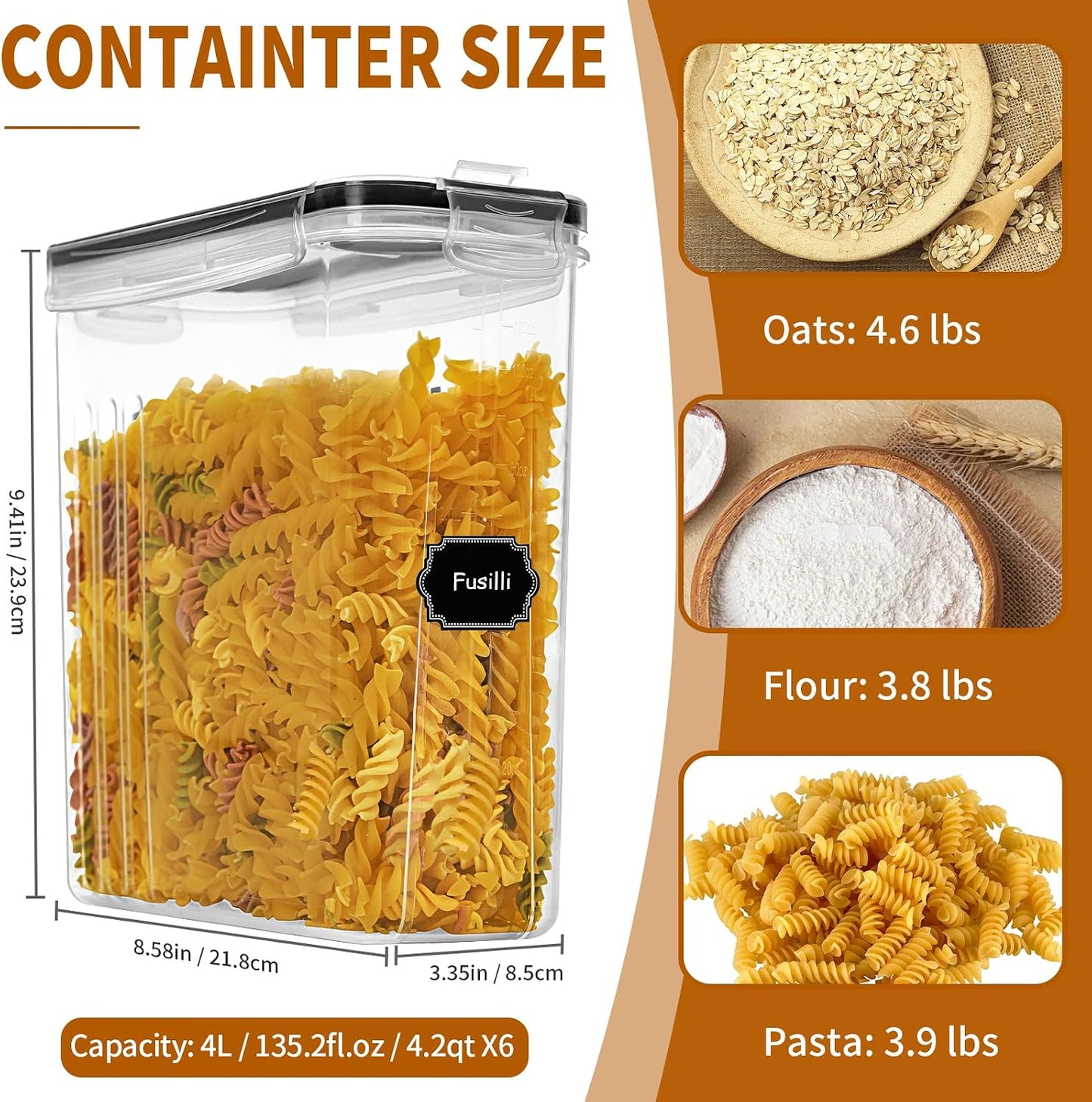 6 Pzas Recipientes Cereales 4L con Tapas y Boquilla