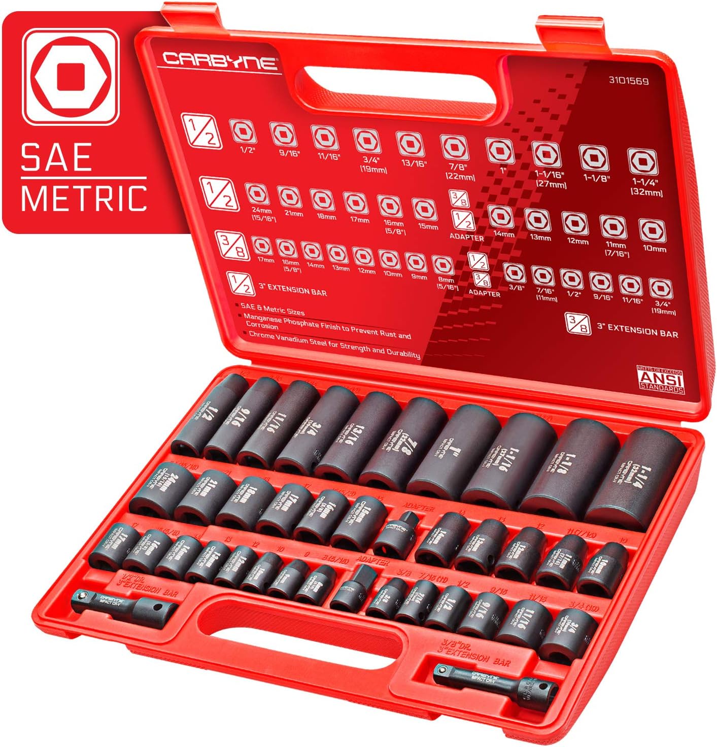 Set 40 Pzas Llaves Impacto SAE Métrico 3/8 y 1/2pulg