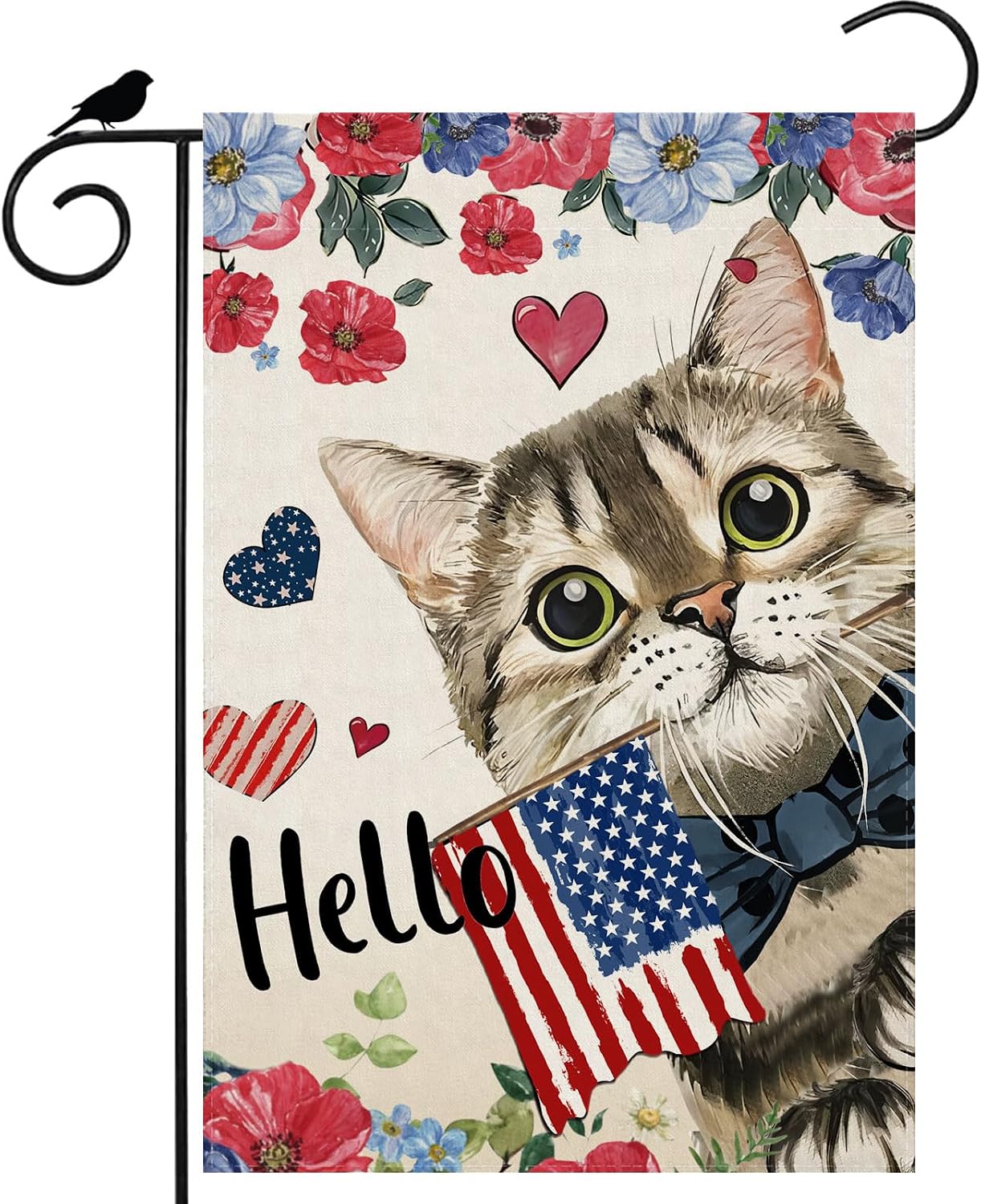 Bandera jardín doble cara 12x18pulg Hello Watercolor Cat Flowers