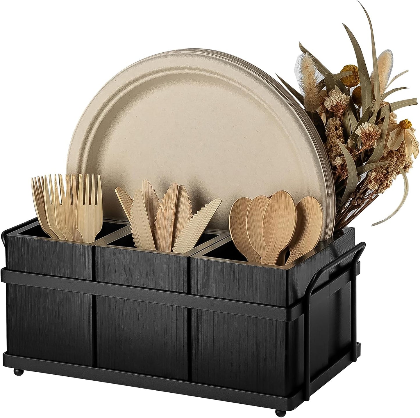 Organiz. cubiertos madera negra dispensador platos papel