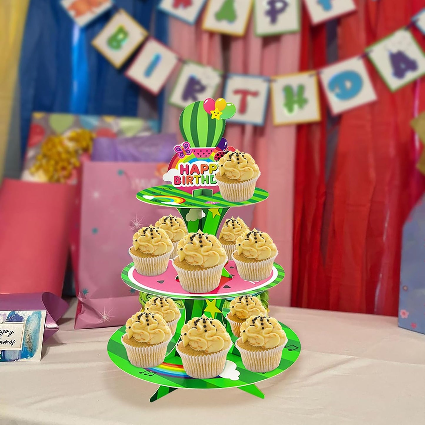 Soporte cupcakes 3 niveles dibujos animados fiesta sandía niños