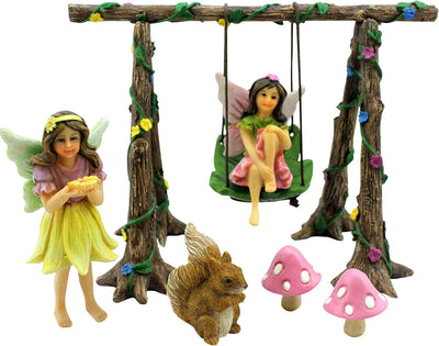 Juego figuras jardín hadas 6 pzas ardilla hongos