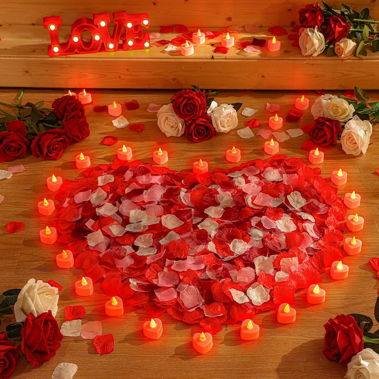 1000 Pétalos Rosa Velas LED Corazón Blanco Rojo Decoración Nocturna