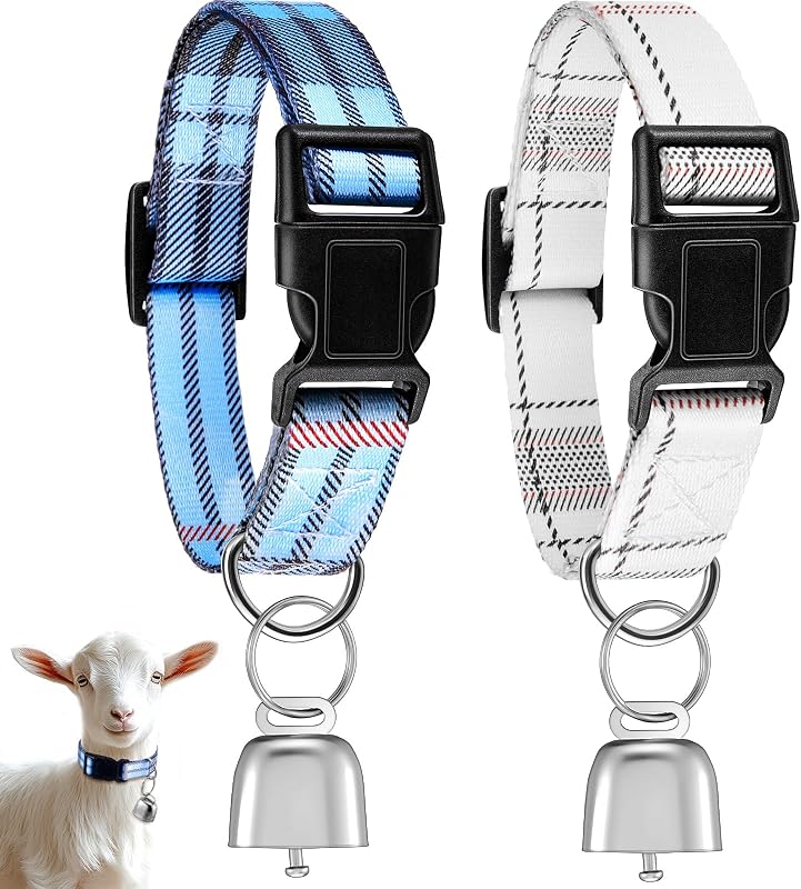 2 Collares Cabra Campanas Bronce Ajustables Azul Blanco