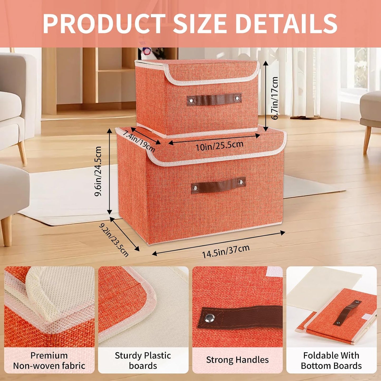 Cubo almacenamiento lino plegable con tapa naranja