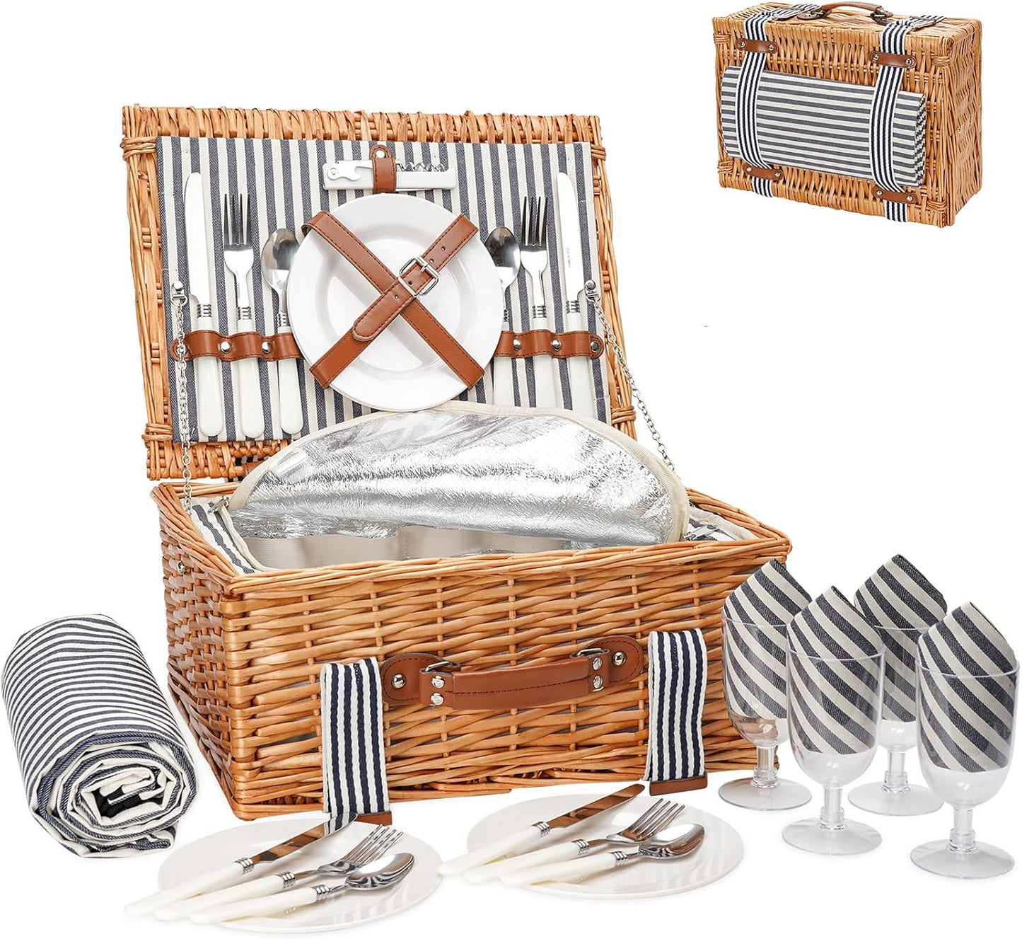 Set 4 cestas mimbre con manta y cubiertos para picnic