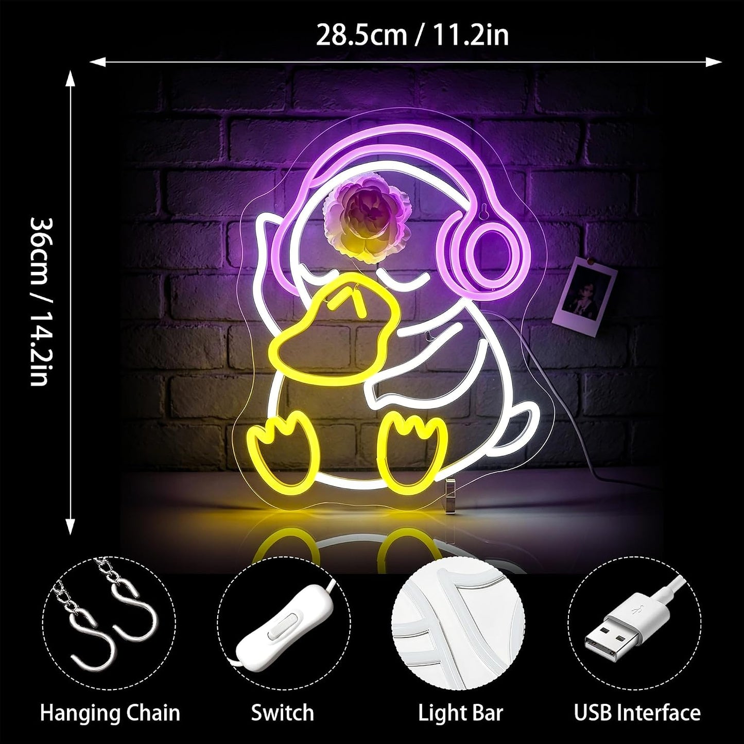 Letrero neón LED de pato decoración pared dormitorio fiesta
