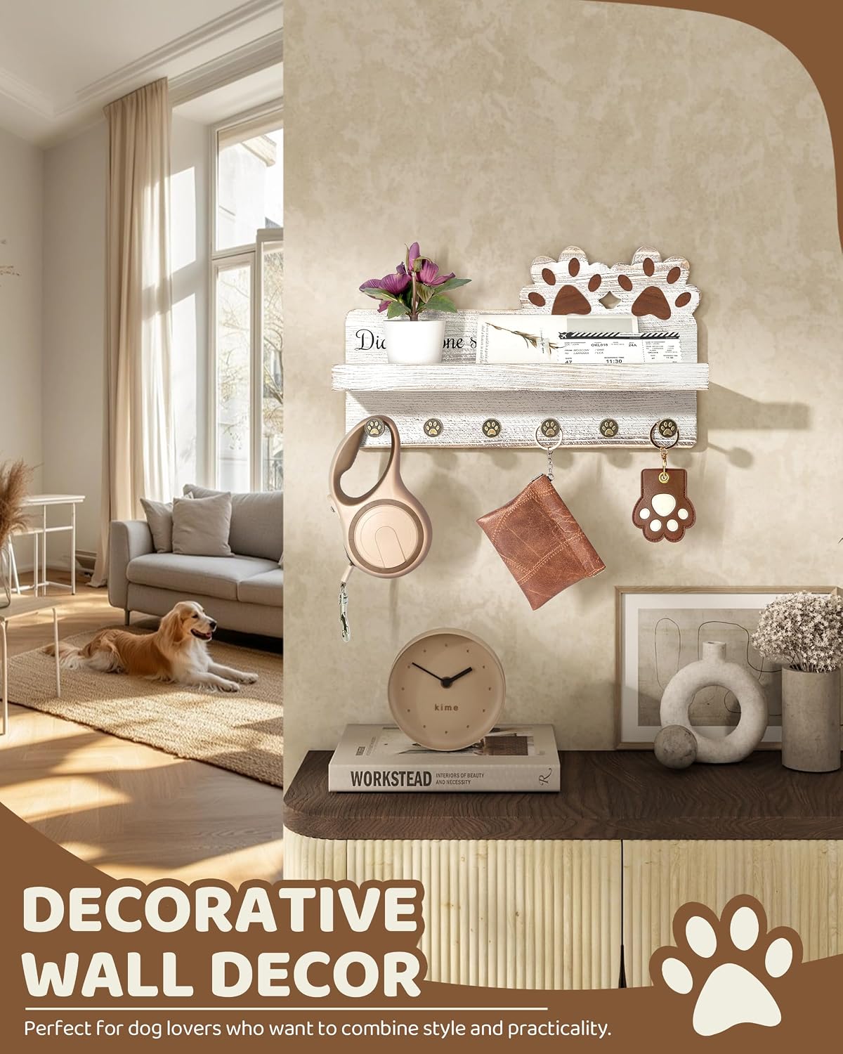 Soporte correa perro pared con estante y 6 ganchos