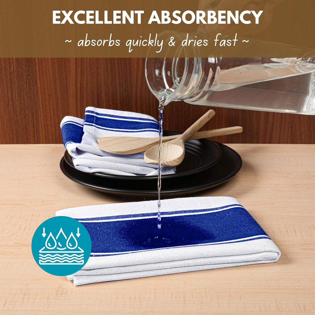 Set 4 paños cocina azules 18x28pulg rayas anchas 100% algodón
