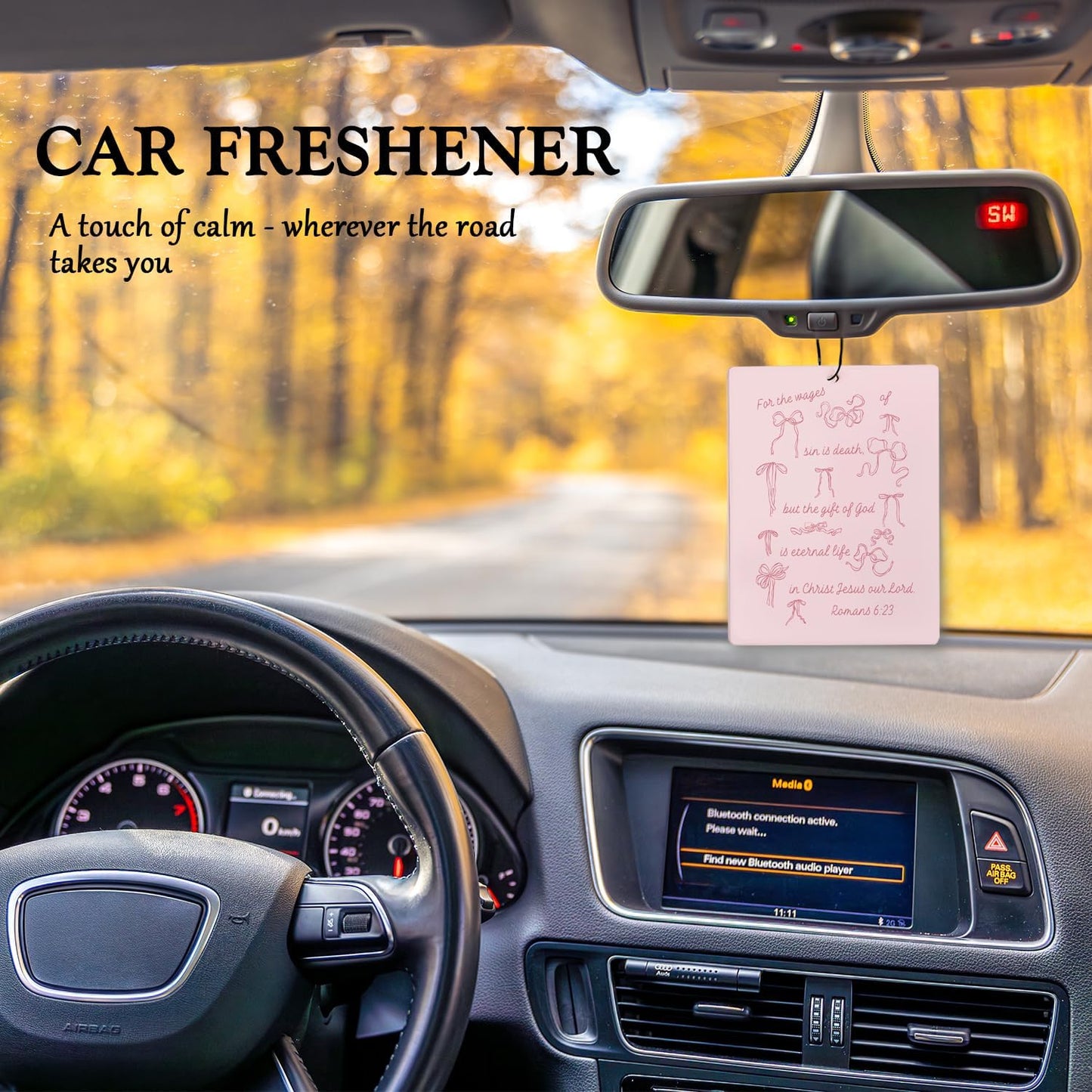 Ambientador coche lazo rosa versículo bíblico 3 pzas