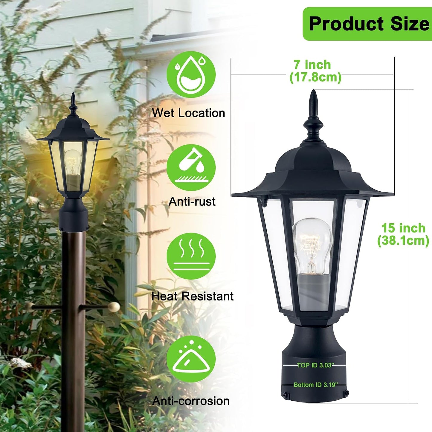 Luz poste exterior aluminio vidrio impermeable negro mate