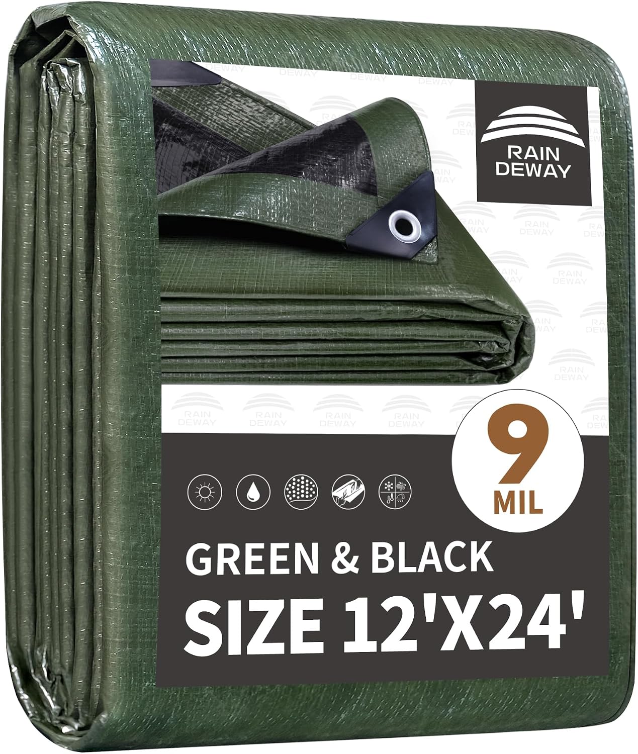 Lona impermeable polietileno 12x24ft grosor 0.009pulg verde/negra