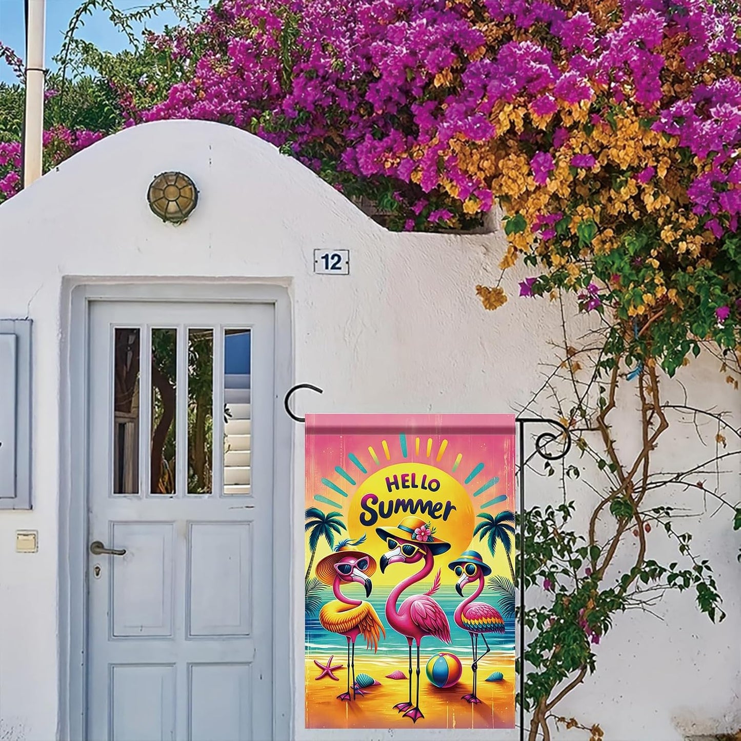 Bandera jardín flamenco hello summer 12x18pulg decoración tropical