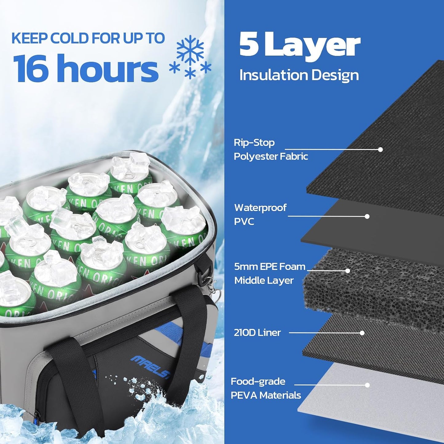 Bolsa refrigeradora plegable 30 can 5 capas aislamiento 16h