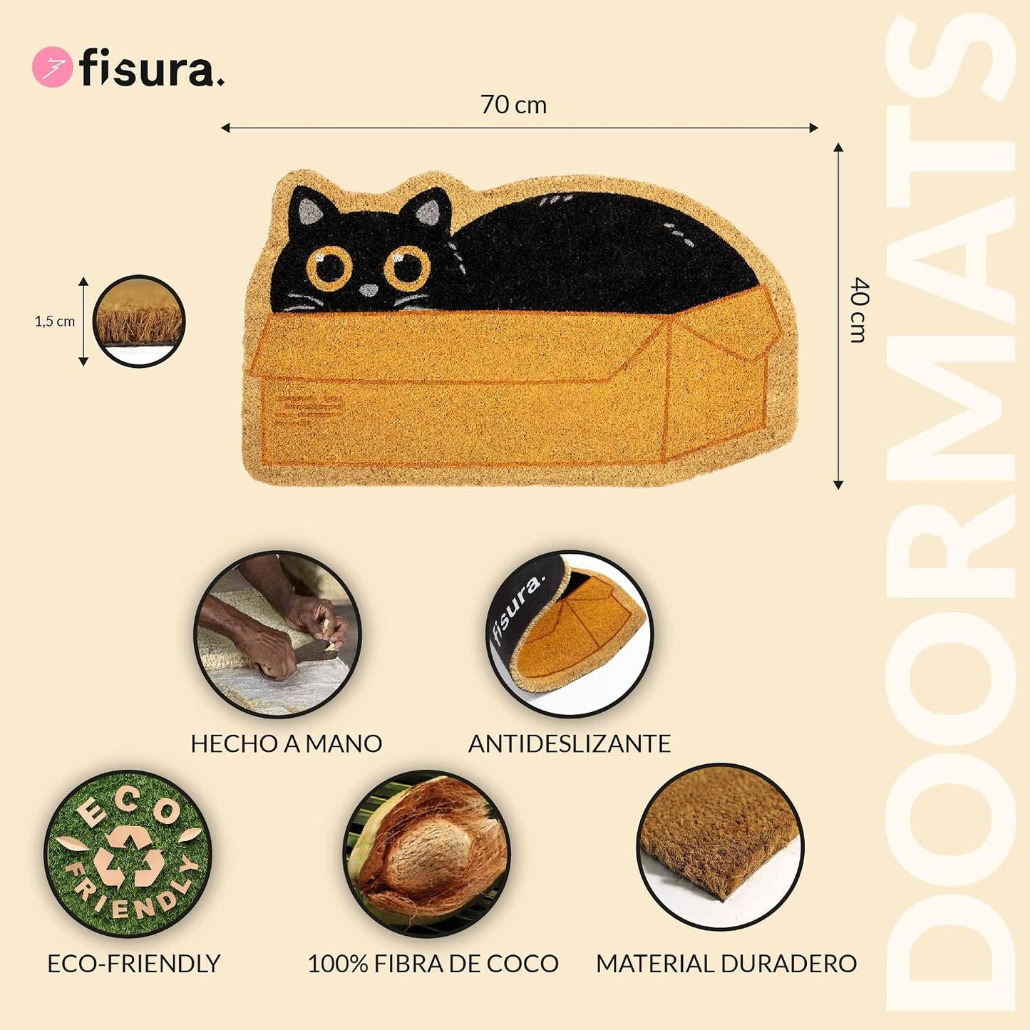 Felpudo puerta entrada 30x18" peluche gato fibra coco