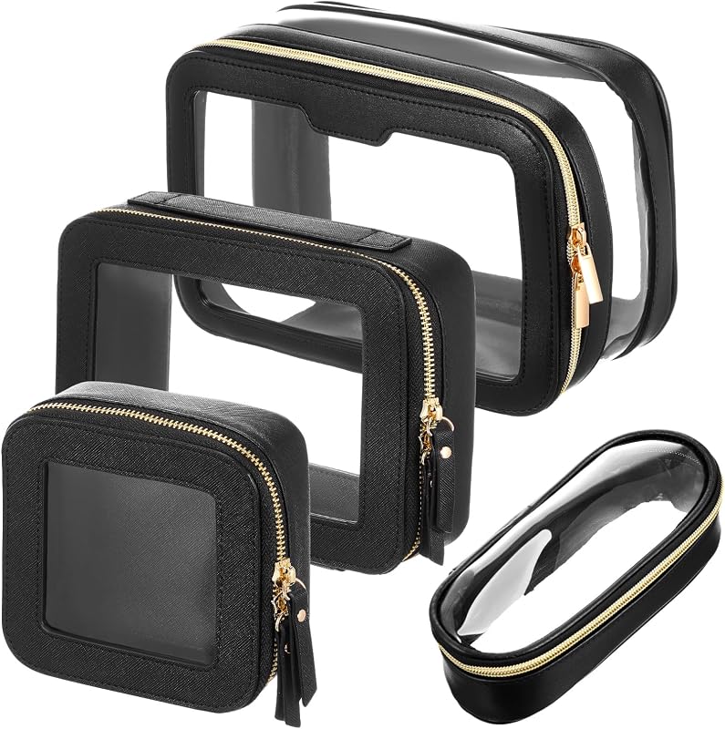 Set 4 bolsas maquillaje cuero transparente con cremallera