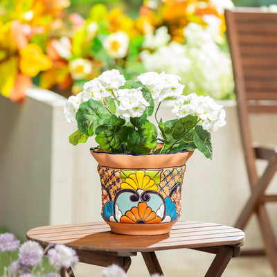 Maceta cerámica mexicana floral 8" bronceado