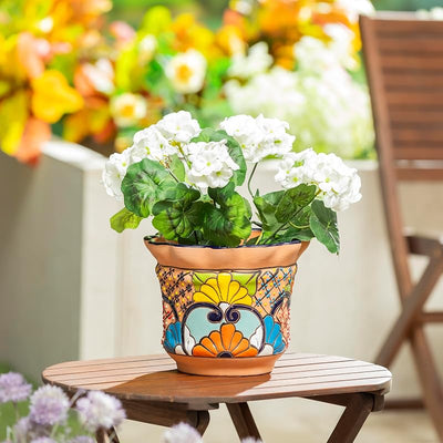 Maceta cerámica mexicana floral 8" bronceado