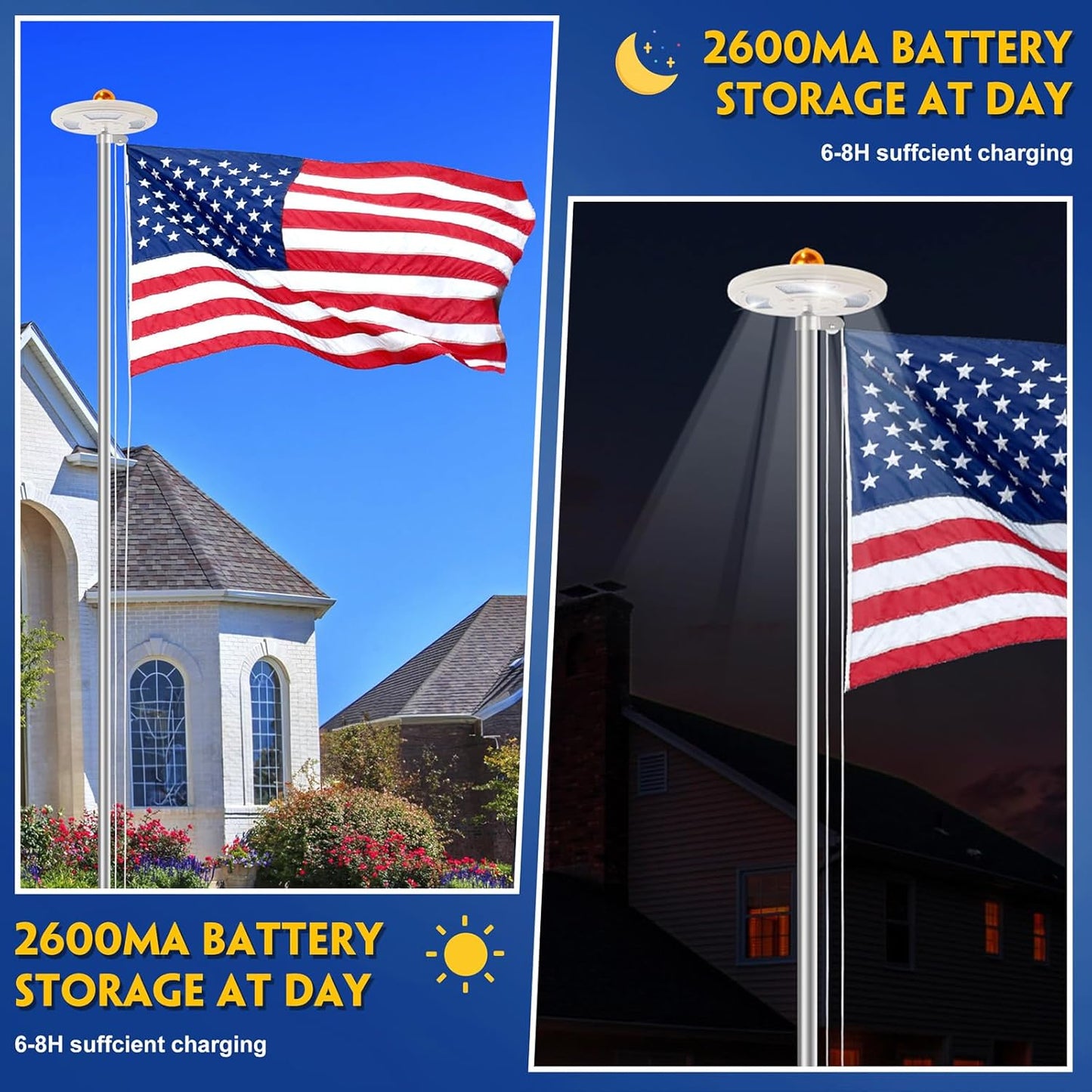 Kit asta bandera plateada 25ft con bandera 3x5ft y luz solar