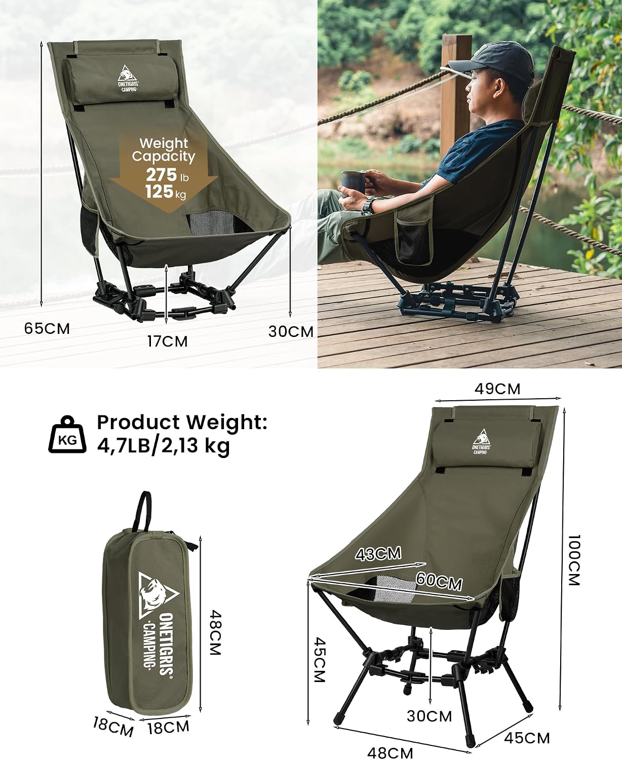 Silla campamento gran tamaño almohada plegable 275lb