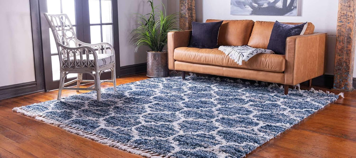 Alfombra área enrejada 8ft cuadrada azul/beige